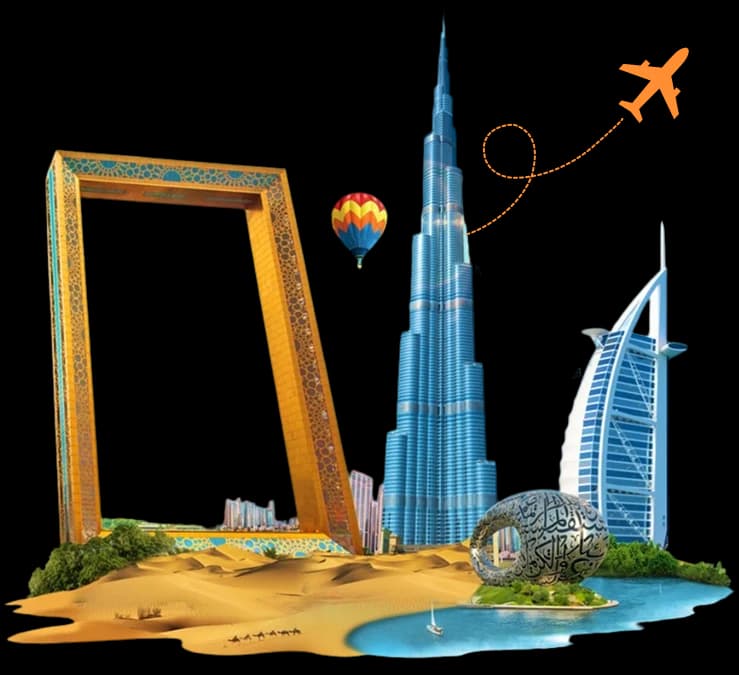 Dubai landmarks — Dubai Frame, Burj Khalifa, Burj Al Arab and Museum of the Future