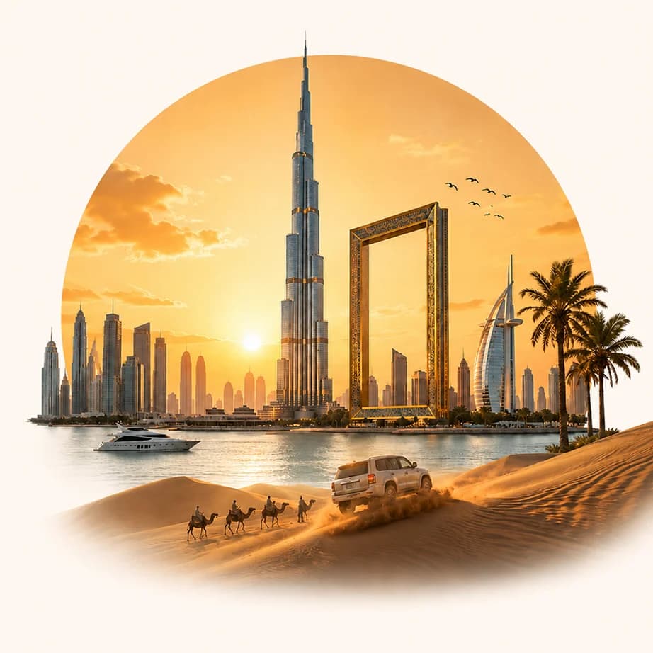 Dubai skyline, desert dunes, camels and a yacht at sunset
